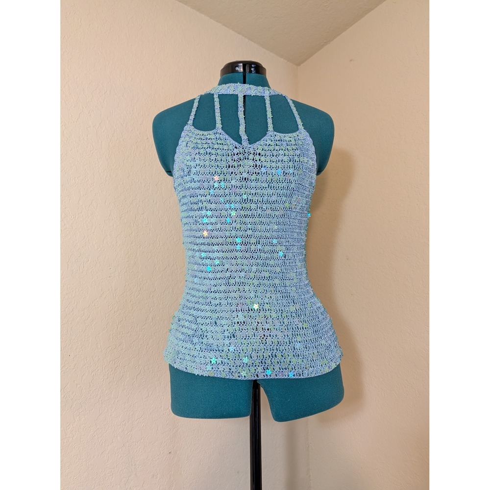 Handmade Blue Crochet Halter Top Iridescent Flower Sequin Mermaidcore  XS? READ